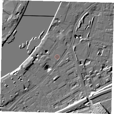 Shaded relief map of the ground around SW113HR, computed from Environment Agency LiDAR. The ground here sits at about 5 m above sea level and falls 53 m across the surrounding 800 m. Surface water reaching this point runs off ground lying to the south-south-east, 0.7 m higher.