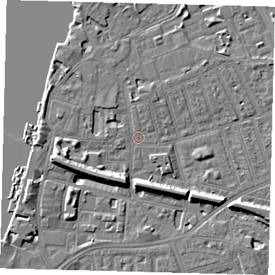 Shaded relief map of the ground around SW113HS, computed from Environment Agency LiDAR. The ground here sits at about 4 m above sea level and falls 11 m across the surrounding 800 m. Surface water reaching this point runs off ground lying to the west-north-west, 3.8 m higher.