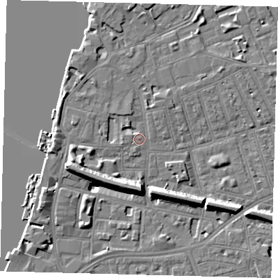 Shaded relief map of the ground around SW113HT, computed from Environment Agency LiDAR. The ground here sits at about 4 m above sea level and falls 11 m across the surrounding 800 m. Surface water reaching this point runs off ground lying to the west-north-west, 3.8 m higher.