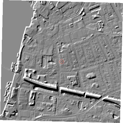 Shaded relief map of the ground around SW113HU, computed from Environment Agency LiDAR. The ground here sits at about 4 m above sea level and falls 11 m across the surrounding 800 m. Surface water reaching this point runs off ground lying to the west-north-west, 3.8 m higher.