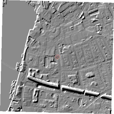 Shaded relief map of the ground around SW113HX, computed from Environment Agency LiDAR. The ground here sits at about 4 m above sea level and falls 11 m across the surrounding 800 m. Surface water reaching this point runs off ground lying to the west-north-west, 3.8 m higher.