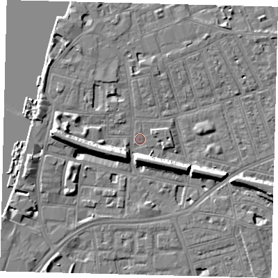 Shaded relief map of the ground around SW113HY, computed from Environment Agency LiDAR. The ground here sits at about 4 m above sea level and falls 11 m across the surrounding 800 m. Surface water reaching this point runs off ground lying to the west, 8.6 m higher.