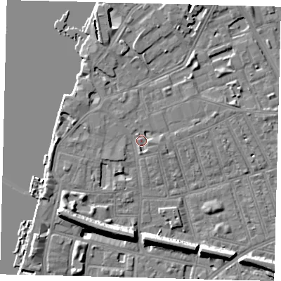 Shaded relief map of the ground around SW113HZ, computed from Environment Agency LiDAR. The ground here sits at about 5 m above sea level and falls 11 m across the surrounding 800 m. Surface water reaching this point runs off ground lying to the west, 2.6 m higher.
