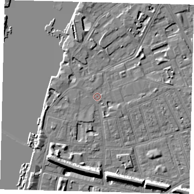 Shaded relief map of the ground around SW113JA, computed from Environment Agency LiDAR. The ground here sits at about 4 m above sea level and falls 11 m across the surrounding 800 m. Surface water reaching this point runs off ground lying to the west, 1.0 m higher.