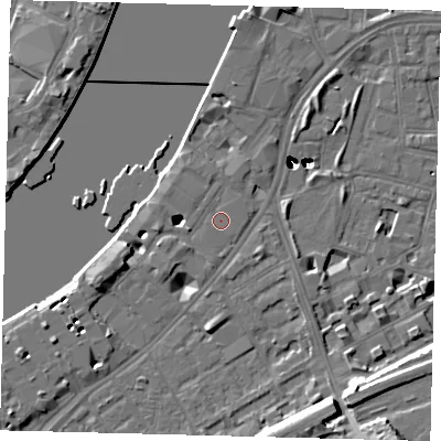 Shaded relief map of the ground around SW113JE, computed from Environment Agency LiDAR. The ground here sits at about 5 m above sea level and falls 51 m across the surrounding 800 m. The ground contributing surface water to this point lies to the north-east.