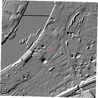 Shaded relief map of the ground around SW113JF, computed from Environment Agency LiDAR. The ground here sits at about 5 m above sea level and falls 53 m across the surrounding 800 m. Surface water reaching this point runs off ground lying to the west, 1.2 m higher.