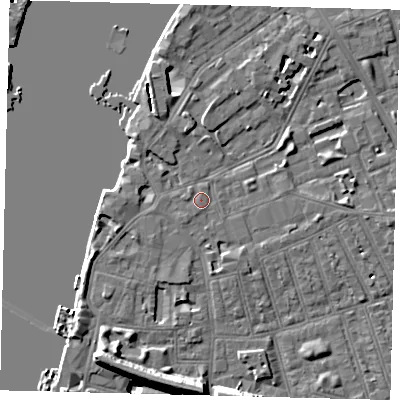 Shaded relief map of the ground around SW113JG, computed from Environment Agency LiDAR. The ground here sits at about 5 m above sea level and falls 36 m across the surrounding 800 m. Surface water reaching this point runs off ground lying to the west, 0.7 m higher.