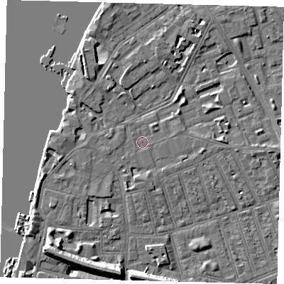 Shaded relief map of the ground around SW113JP, computed from Environment Agency LiDAR. The ground here sits at about 4 m above sea level and falls 11 m across the surrounding 800 m. Surface water reaching this point runs off ground lying to the south, 2.2 m higher.