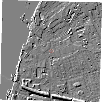 Shaded relief map of the ground around SW113JQ, computed from Environment Agency LiDAR. The ground here sits at about 4 m above sea level and falls 11 m across the surrounding 800 m. Surface water reaching this point runs off ground lying to the west, 0.8 m higher.