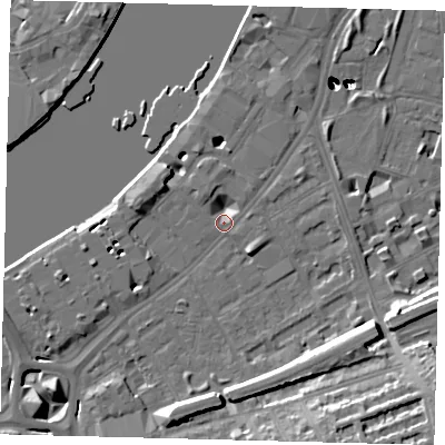 Shaded relief map of the ground around SW113JT, computed from Environment Agency LiDAR. The ground here sits at about 4 m above sea level and falls 54 m across the surrounding 800 m. Surface water reaching this point runs off ground lying to the south-east, 15.3 m higher.