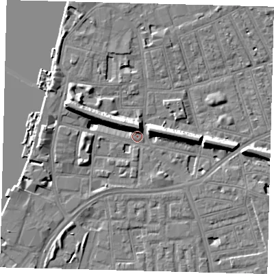 Shaded relief map of the ground around SW113JU, computed from Environment Agency LiDAR. The ground here sits at about 4 m above sea level and falls 11 m across the surrounding 800 m. Surface water reaching this point runs off ground lying to the west-north-west, 11.4 m higher.