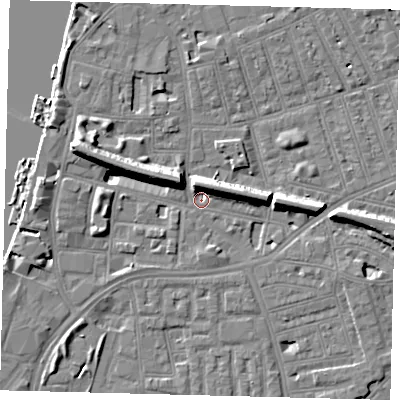 Shaded relief map of the ground around SW113JW, computed from Environment Agency LiDAR. The ground here sits at about 2 m above sea level and falls 11 m across the surrounding 800 m. Surface water reaching this point runs off ground lying to the west-north-west, 11.4 m higher.