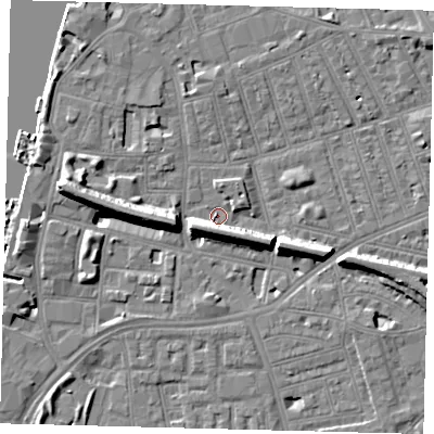 Shaded relief map of the ground around SW113JY, computed from Environment Agency LiDAR. The ground here sits at about 3 m above sea level and falls 11 m across the surrounding 800 m. Surface water reaching this point runs off ground lying to the west, 8.6 m higher.