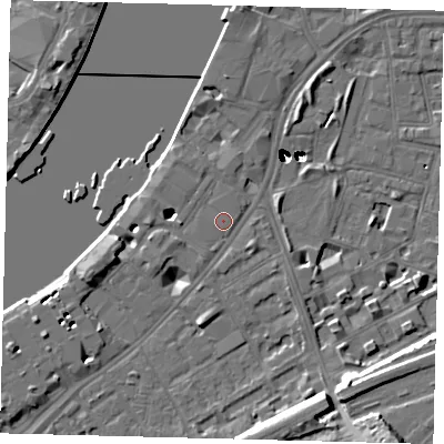 Shaded relief map of the ground around SW113JZ, computed from Environment Agency LiDAR. The ground here sits at about 5 m above sea level and falls 52 m across the surrounding 800 m. Surface water reaching this point runs off ground lying to the south-south-west, 0.9 m higher.