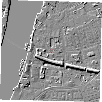 Shaded relief map of the ground around SW113LA, computed from Environment Agency LiDAR. The ground here sits at about 4 m above sea level and falls 11 m across the surrounding 800 m. Surface water reaching this point runs off ground lying to the west-south-west, 7.4 m higher.