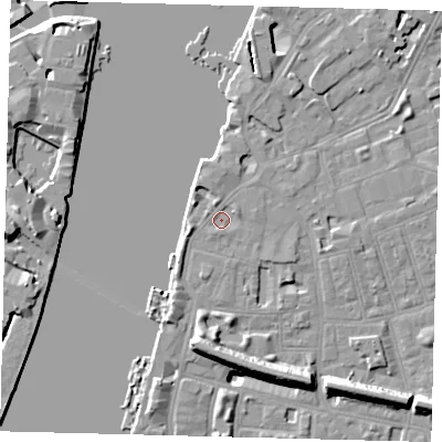 Shaded relief map of the ground around SW113LD, computed from Environment Agency LiDAR. The ground here sits at about 5 m above sea level and falls 11 m across the surrounding 800 m. Surface water reaching this point runs off ground lying to the east-north-east, 1.3 m higher.