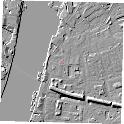 Shaded relief map of the ground around SW113LE, computed from Environment Agency LiDAR. The ground here sits at about 5 m above sea level and falls 11 m across the surrounding 800 m. Surface water reaching this point runs off ground lying to the west-north-west, 2.6 m higher.