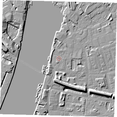 Shaded relief map of the ground around SW113LG, computed from Environment Agency LiDAR. The ground here sits at about 5 m above sea level and falls 11 m across the surrounding 800 m. Surface water reaching this point runs off ground lying to the north-north-west, 2.6 m higher.