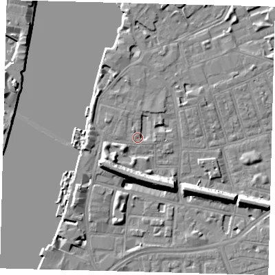 Shaded relief map of the ground around SW113LH, computed from Environment Agency LiDAR. The ground here sits at about 4 m above sea level and falls 11 m across the surrounding 800 m. Surface water reaching this point runs off ground lying to the north-north-east, 1.5 m higher.