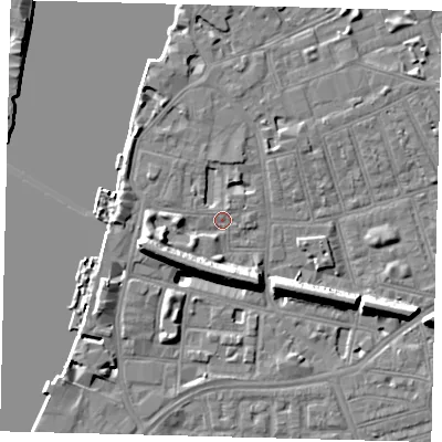 Shaded relief map of the ground around SW113LL, computed from Environment Agency LiDAR. The ground here sits at about 4 m above sea level and falls 11 m across the surrounding 800 m. Surface water reaching this point runs off ground lying to the west-south-west, 7.4 m higher.