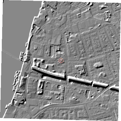 Shaded relief map of the ground around SW113LP, computed from Environment Agency LiDAR. The ground here sits at about 4 m above sea level and falls 11 m across the surrounding 800 m. Surface water reaching this point runs off ground lying to the south-east, 1.1 m higher.