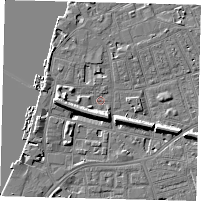 Shaded relief map of the ground around SW113LR, computed from Environment Agency LiDAR. The ground here sits at about 4 m above sea level and falls 11 m across the surrounding 800 m. Surface water reaching this point runs off ground lying to the west, 7.6 m higher.