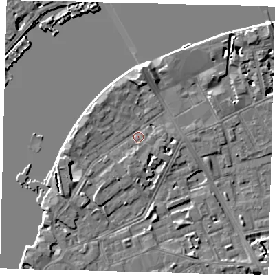 Shaded relief map of the ground around SW113LY, computed from Environment Agency LiDAR. The ground here sits at about 4 m above sea level and falls 6 m across the surrounding 800 m. Surface water reaching this point runs off ground lying to the south-west, 2.2 m higher.