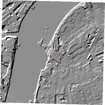 Shaded relief map of the ground around SW113NA, computed from Environment Agency LiDAR. The ground here sits at about 5 m above sea level and falls 45 m across the surrounding 800 m. Surface water reaching this point runs off ground lying to the south-east, 1.0 m higher.