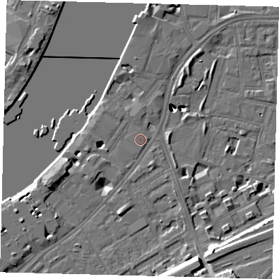 Shaded relief map of the ground around SW113NB, computed from Environment Agency LiDAR. The ground here sits at about 5 m above sea level and falls 50 m across the surrounding 800 m. Surface water reaching this point runs off ground lying to the north-north-west, 0.6 m higher.