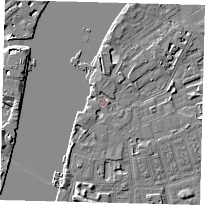 Shaded relief map of the ground around SW113ND, computed from Environment Agency LiDAR. The ground here sits at about 5 m above sea level and falls 48 m across the surrounding 800 m. Surface water reaching this point runs off ground lying to the north-north-west, 2.7 m higher.