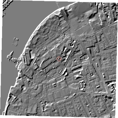 Shaded relief map of the ground around SW113NE, computed from Environment Agency LiDAR. The ground here sits at about 5 m above sea level and falls 6 m across the surrounding 800 m. Surface water reaching this point runs off ground lying to the west-south-west, 1.9 m higher.