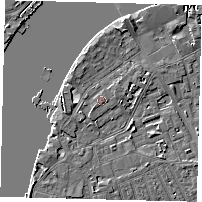 Shaded relief map of the ground around SW113NF, computed from Environment Agency LiDAR. The ground here sits at about 5 m above sea level and falls 6 m across the surrounding 800 m. Surface water reaching this point runs off ground lying to the east-north-east, 1.1 m higher.