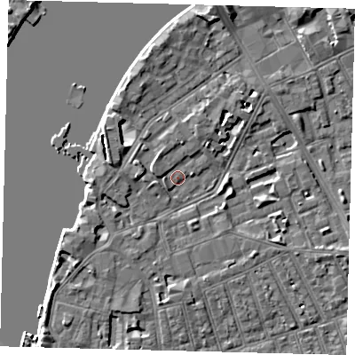 Shaded relief map of the ground around SW113NH, computed from Environment Agency LiDAR. The ground here sits at about 4 m above sea level and falls 6 m across the surrounding 800 m. Surface water reaching this point runs off ground lying to the west-north-west, 2.6 m higher.