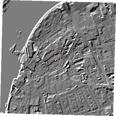 Shaded relief map of the ground around SW113NN, computed from Environment Agency LiDAR. The ground here sits at about 4 m above sea level and falls 6 m across the surrounding 800 m. Surface water reaching this point runs off ground lying to the west, 1.9 m higher.