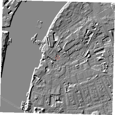 Shaded relief map of the ground around SW113NP, computed from Environment Agency LiDAR. The ground here sits at about 4 m above sea level and falls 44 m across the surrounding 800 m. Surface water reaching this point runs off ground lying to the north, 2.1 m higher.