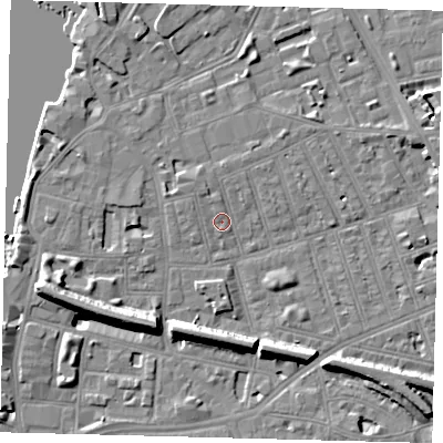 Shaded relief map of the ground around SW113NY, computed from Environment Agency LiDAR. The ground here sits at about 4 m above sea level and falls 11 m across the surrounding 800 m. Surface water reaching this point runs off ground lying to the north-west, 1.6 m higher.
