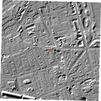Shaded relief map of the ground around SW113PA, computed from Environment Agency LiDAR. The ground here sits at about 4 m above sea level and falls 11 m across the surrounding 800 m. Surface water reaching this point runs off ground lying to the west, 1.2 m higher.
