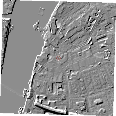 Shaded relief map of the ground around SW113PD, computed from Environment Agency LiDAR. The ground here sits at about 5 m above sea level and falls 36 m across the surrounding 800 m. Surface water reaching this point runs off ground lying to the north-north-west, 2.7 m higher.