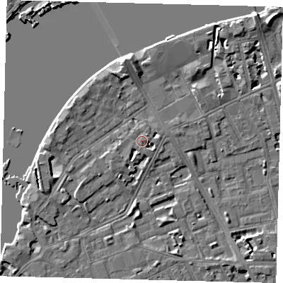 Shaded relief map of the ground around SW113PE, computed from Environment Agency LiDAR. The ground here sits at about 5 m above sea level and falls 6 m across the surrounding 800 m. Surface water reaching this point runs off ground lying to the north-east, 1.0 m higher.