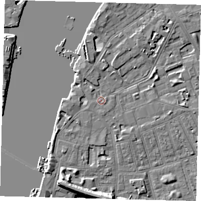 Shaded relief map of the ground around SW113PF, computed from Environment Agency LiDAR. The ground here sits at about 5 m above sea level and falls 48 m across the surrounding 800 m. Surface water reaching this point runs off ground lying to the north-west, 2.7 m higher.