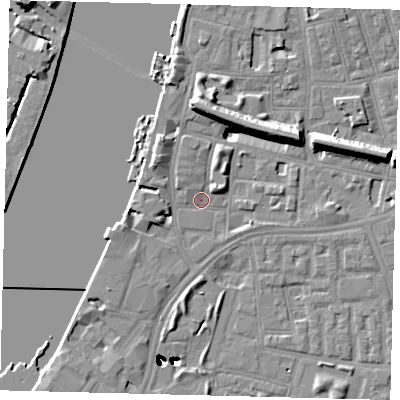 Shaded relief map of the ground around SW113PG, computed from Environment Agency LiDAR. The ground here sits at about 4 m above sea level and falls 47 m across the surrounding 800 m. Surface water reaching this point runs off ground lying to the north-north-east, 2.2 m higher.