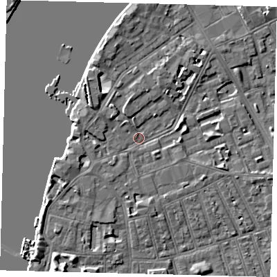 Shaded relief map of the ground around SW113PH, computed from Environment Agency LiDAR. The ground here sits at about 4 m above sea level and falls 7 m across the surrounding 800 m. Surface water reaching this point runs off ground lying to the north-west, 2.6 m higher.