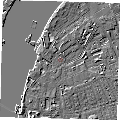 Shaded relief map of the ground around SW113PJ, computed from Environment Agency LiDAR. The ground here sits at about 4 m above sea level and falls 44 m across the surrounding 800 m. Surface water reaching this point runs off ground lying to the north-west, 2.3 m higher.