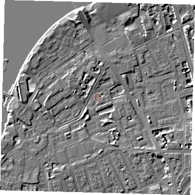 Shaded relief map of the ground around SW113PL, computed from Environment Agency LiDAR. The ground here sits at about 3 m above sea level and falls 6 m across the surrounding 800 m. Surface water reaching this point runs off ground lying to the west, 3.3 m higher.