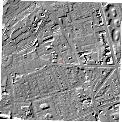 Shaded relief map of the ground around SW113PS, computed from Environment Agency LiDAR. The ground here sits at about 4 m above sea level and falls 12 m across the surrounding 800 m. Surface water reaching this point runs off ground lying to the east, 6.7 m higher.