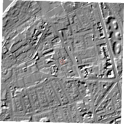 Shaded relief map of the ground around SW113PT, computed from Environment Agency LiDAR. The ground here sits at about 4 m above sea level and falls 7 m across the surrounding 800 m. Surface water reaching this point runs off ground lying to the east-south-east, 6.7 m higher.