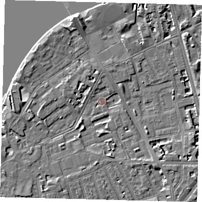 Shaded relief map of the ground around SW113PU, computed from Environment Agency LiDAR. The ground here sits at about 3 m above sea level and falls 6 m across the surrounding 800 m. Surface water reaching this point runs off ground lying to the west-south-west, 5.0 m higher.
