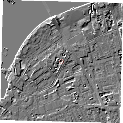 Shaded relief map of the ground around SW113PW, computed from Environment Agency LiDAR. The ground here sits at about 3 m above sea level and falls 6 m across the surrounding 800 m. Surface water reaching this point runs off ground lying to the west-south-west, 2.7 m higher.