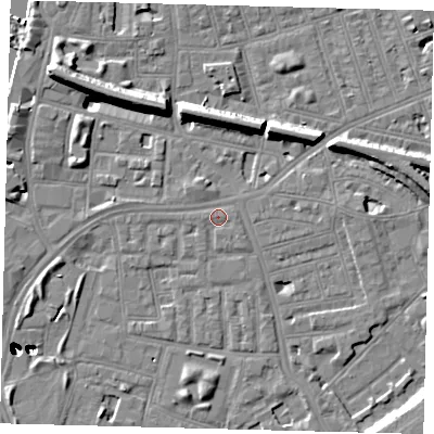 Shaded relief map of the ground around SW113PX, computed from Environment Agency LiDAR. The ground here sits at about 4 m above sea level and falls 47 m across the surrounding 800 m. Surface water reaching this point runs off ground lying to the west, 0.7 m higher.