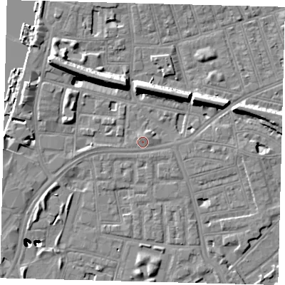 Shaded relief map of the ground around SW113QA, computed from Environment Agency LiDAR. The ground here sits at about 4 m above sea level and falls 47 m across the surrounding 800 m. Surface water reaching this point runs off ground lying to the north-north-west, 0.9 m higher.
